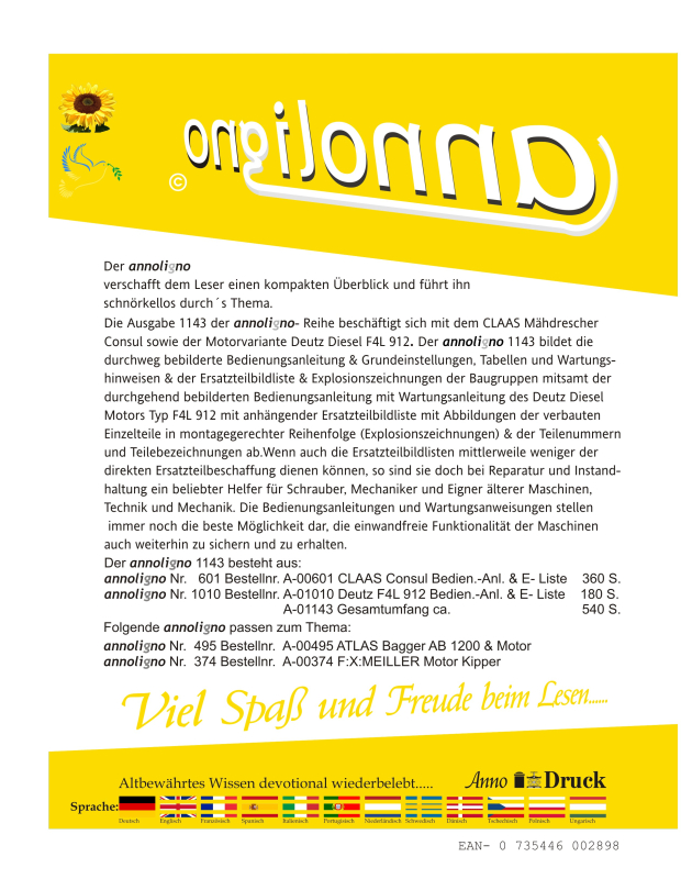 CLAAS Mähdrescher Consul & Deutz Diesel F4L 912 Bild Bedienungsanleitung-en Bild- Ersatzteilliste-n mit Explosionszeichnungen - annoligno 1143